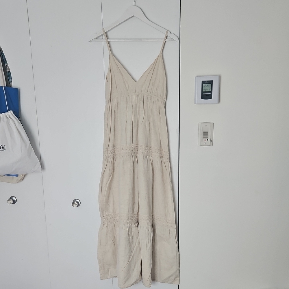 Beige Cotton Linen Maxi Sun Dress with Spaghetti Straps